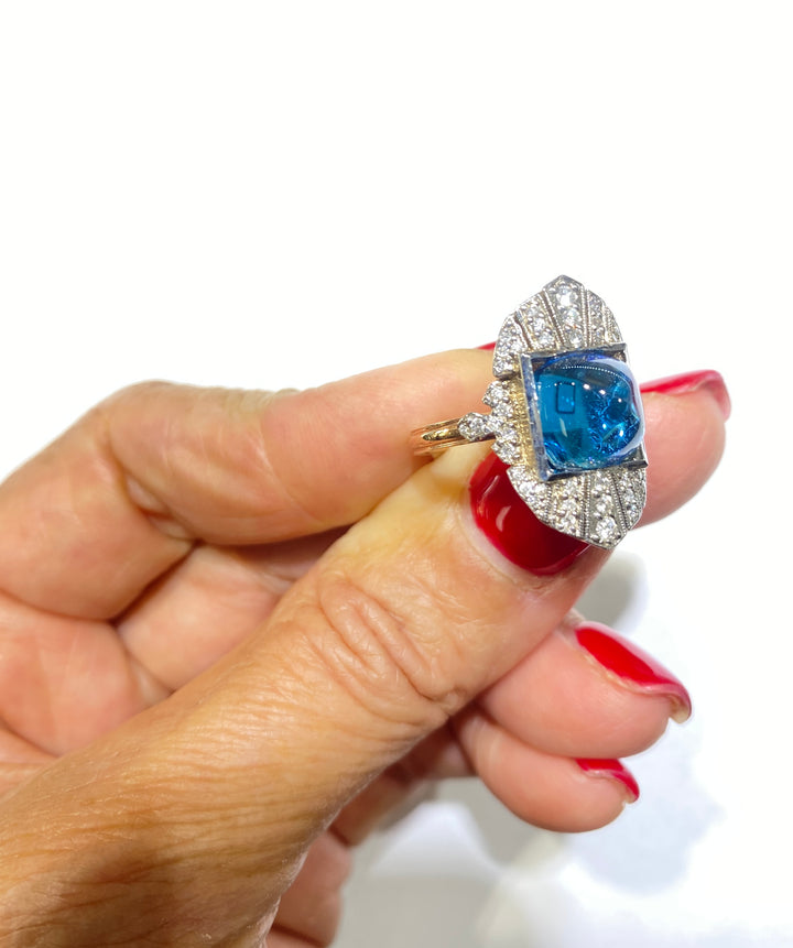 Sugarloaf Blue Stone & Diamond Shield Ring Pink Gold