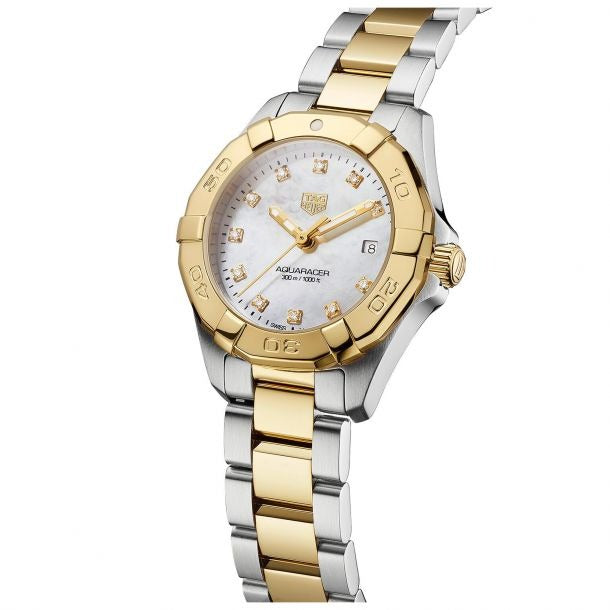 27M Tag Huer Aquaracer Diamond Watch 18K Gold Mother of Pearl